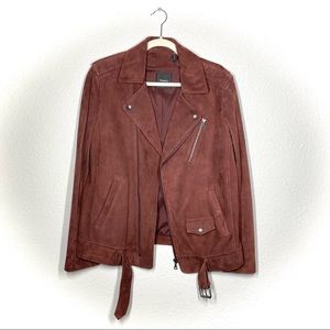 Theory Tralsmin Lamb Suede Leather Moto Jacket in Maroon Tidle